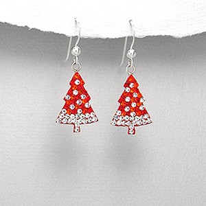 Red and White Bonded Crystal Christmas Tree Earrings